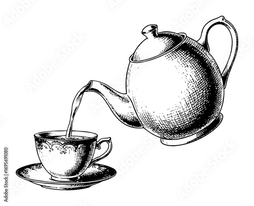 teapot pouring tea into cup vintage engraving vector