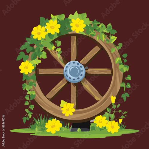 Old wooden mill wheel on a river bank surrounded by beautiful yellow wildflowers, a peaceful and idyllic nature scene - Vector Illustration