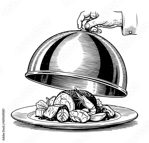 cloche serving platter with gourmet food line art vector