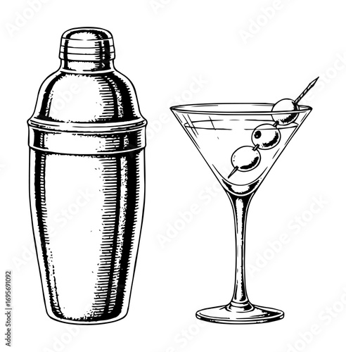 martini glass with olives and cocktail shaker line art vector