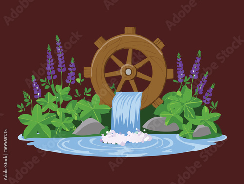 A vintage wooden water mill wheel in a lush green valley with a river and a small waterfall on a peaceful day - Vector Illustration