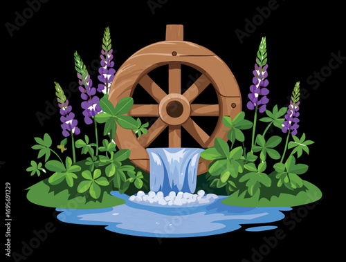 An old wooden water mill wheel with lush green foliage and a waterfall in a mysterious forest setting during a serene night - Vector Illustration