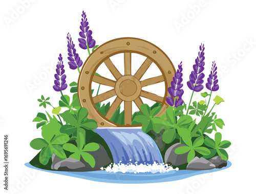 A beautiful wooden mill wheel with water flowing down a river, surrounded by lush green plants and trees on a sunny day - Vector Illustration