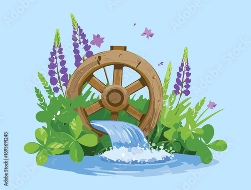 A vintage water mill wheel with water flowing down in a lush forest landscape with a pond and small plants - Vector Illustration