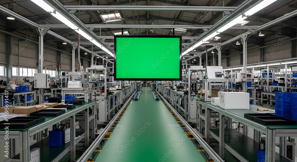 Naklejka premium Modern Factory Assembly Line with a Large Blank Green Screen for Monitoring