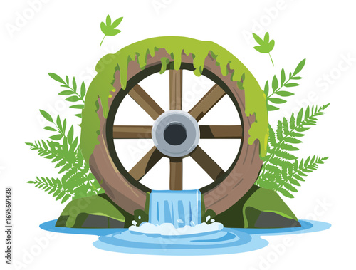 Mossy vintage water mill wheel on a river bank with lush ferns, a tranquil and secluded forest landscape with green leaves - Vector Illustration