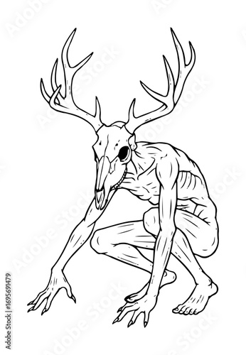 wendigo stag skull humanoid monster line art vector