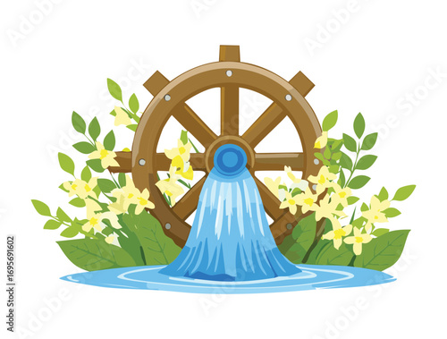 A charming illustration of a rustic wooden watermill wheel with a flowing stream, surrounded by beautiful white and yellow flowers 
