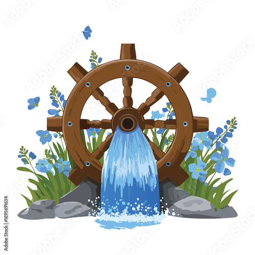 Rustic wooden watermill wheel with a tranquil flowing stream and beautiful blue butterflies in a peaceful landscape illustration