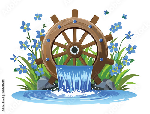 Beautiful rustic wooden watermill wheel illustration with a flowing waterfall, surrounded by lush green plants and enchanting blue flowers