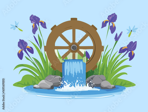 Blue Sky and Greenery Provide a Backdrop for a Water Wheel with Flowing Water and Irises