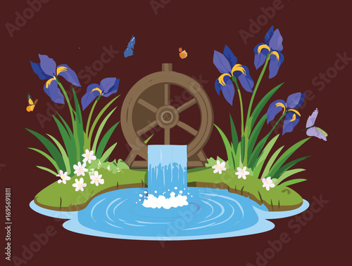 Charming Water Wheel Nestled Amongst Purple Irises and Clear Flowing Water, Serene Scene