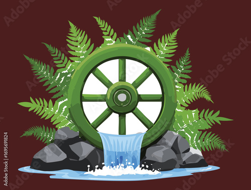 Dark Green Water Wheel with a Gentle Waterfall and Stone Accents in a Calm Environment