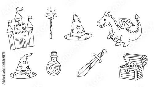 fantasy magic icons dragon castle sword doodle line art vector