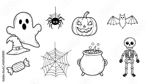 halloween spooky icons ghost pumpkin cauldron line art vector