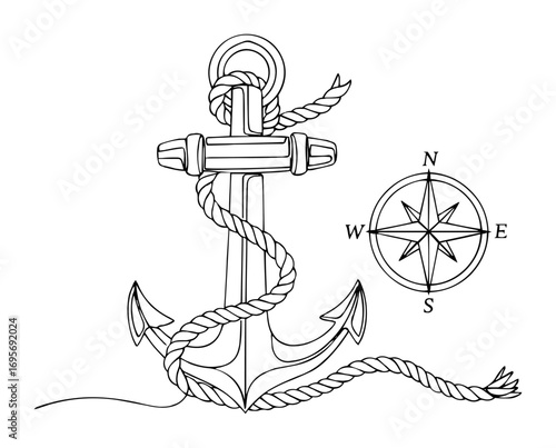 anchor wrapped with rope and compass nautical tattoo
