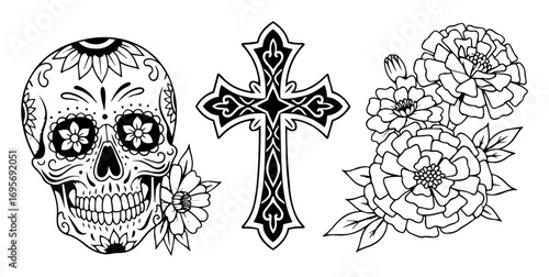 day of the dead skull cross and peonies tattoo style