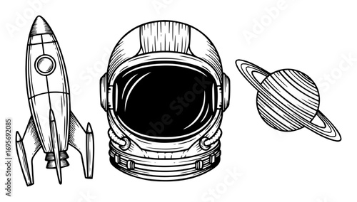 rocket astronaut helmet and planet space icon set vector