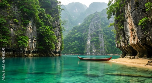 Traditional wooden boat on a secluded beach in a tropical lagoon.