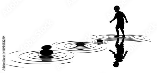 child walking on water zen stones silhouette