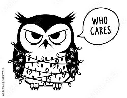 grumpy owl tangled in christmas lights who cares vector