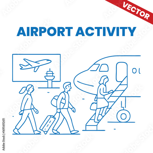 Travelers Lining Up for Flight at Airport Outline Graphic Illustration airport activity