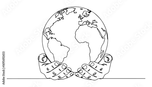 hands holding earth globe continuous line art drawing