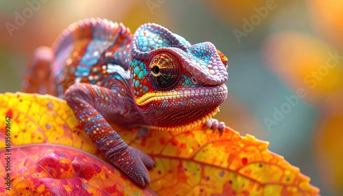 Vibrant chameleon perched atop a colorful autumn leaf, showcasing intricate patterns and hues.