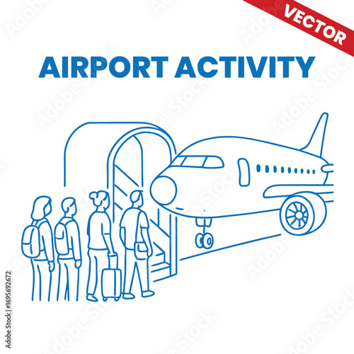 Airport Boarding Line with Passengers Outline Graphic Illustration airport activity