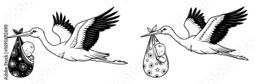 stork carrying a baby vector illustration set