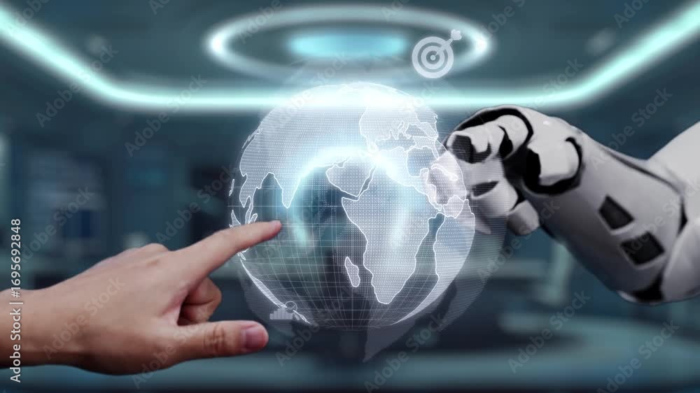 custom made wallpaper toronto digitalA human hand interacts with a robotic hand against a backdrop of a digital globe, symbolizing the fusion of technology and creativity for future innovations. Auvana