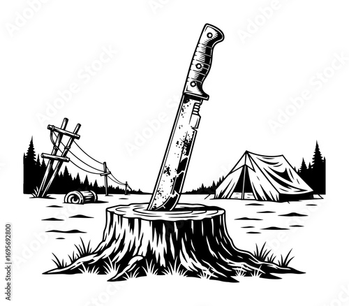 vector survival knife stuck in stump campsite wasteland illustration