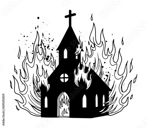 vector gothic church on fire silhouette illustration