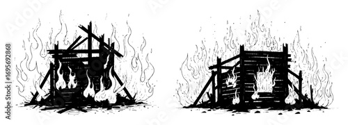 vector burning wooden shack ruin illustration