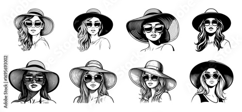 Set of Stylish Women in Sun Hats and Sunglasses. Retro Fashion Vector Illustration.