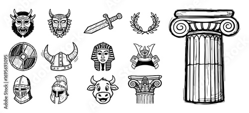 historical and mythological sketch icon set vector