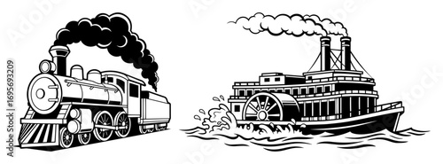 vintage steam train and paddle steamer boat vector set