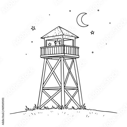 wooden watchtower night sky landscape sketch