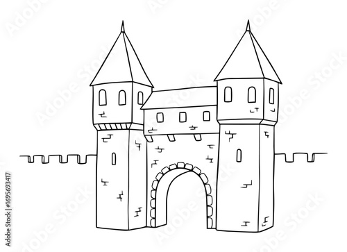 vector medieval castle gate with twin towers outline illustration