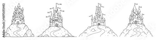 fairy tale castle on hill doodle set