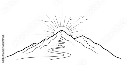 mountain sunrise path adventure line art logo