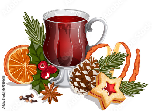 Traditional Christmas Mulled Wine Composition Illustration Isolated - Xmas Cookie, Pine Cone, Rosemary, Orange Peel & Slice, Holly, Star Anise and Cloves.