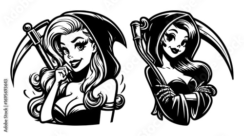 vector pinup grim reaper girl duo