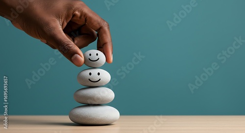 Hand stacking smooth stones with happy smiley faces for mental health and well being concept.