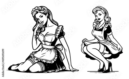 vector vintage pinup maid girl poses