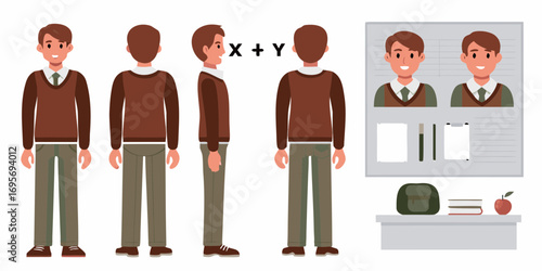 Student character model sheet showing front back side and profile views with classroom elements