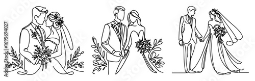 wedding couple continuous line art set bride and groom