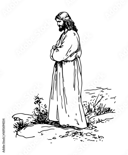 line art jesus christ praying standing in garden