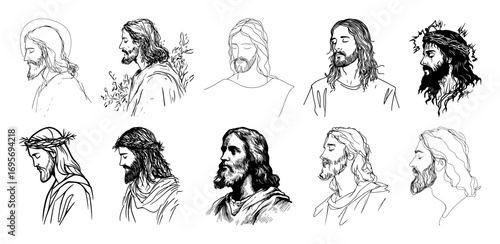 hand drawn jesus christ profile portrait collection line art
