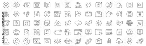 Outline upload icons for cloud file transfer, data backup, sync, wifi network; web, mobile, laptop, browser; arrows, folders, editable stroke